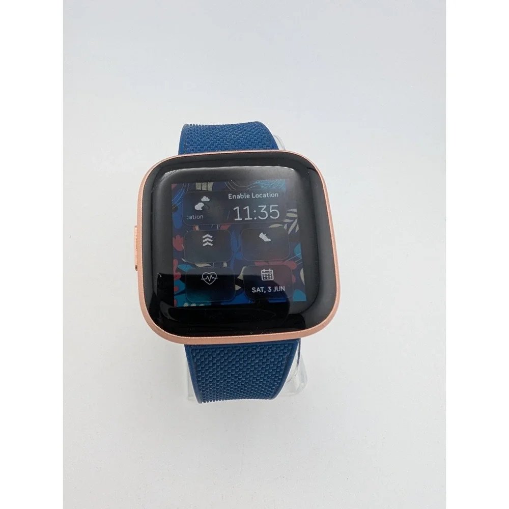 Fitbit Versa 2 Smartwatch Copper Rose Fitness Tracker FB507 Blue Band- Works